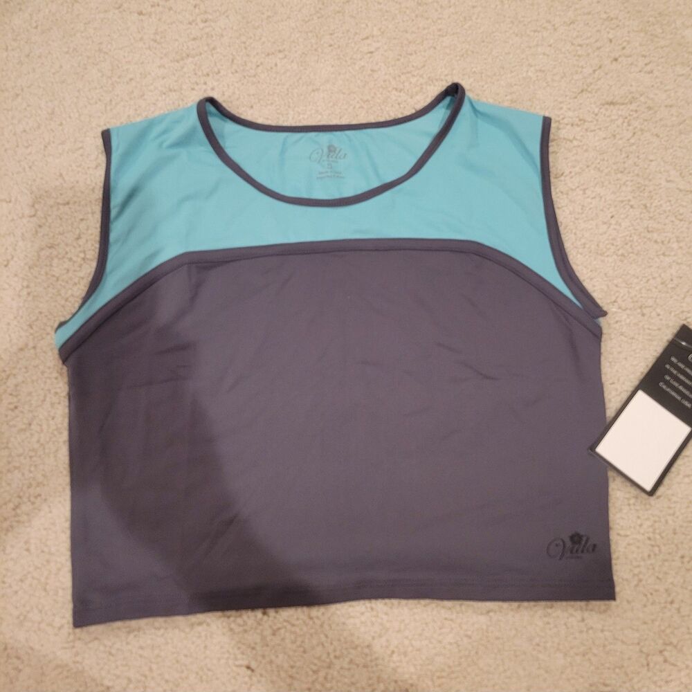 NWT Vida Athletic Women's Top Sleeveless Made In USA Blue Grey Color Block Small